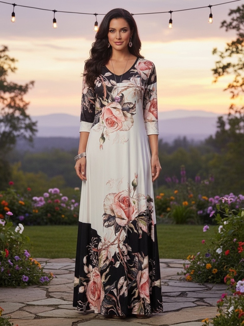 Amazon Floral V-Neck Maxi Dress in Cream, Black and Pink